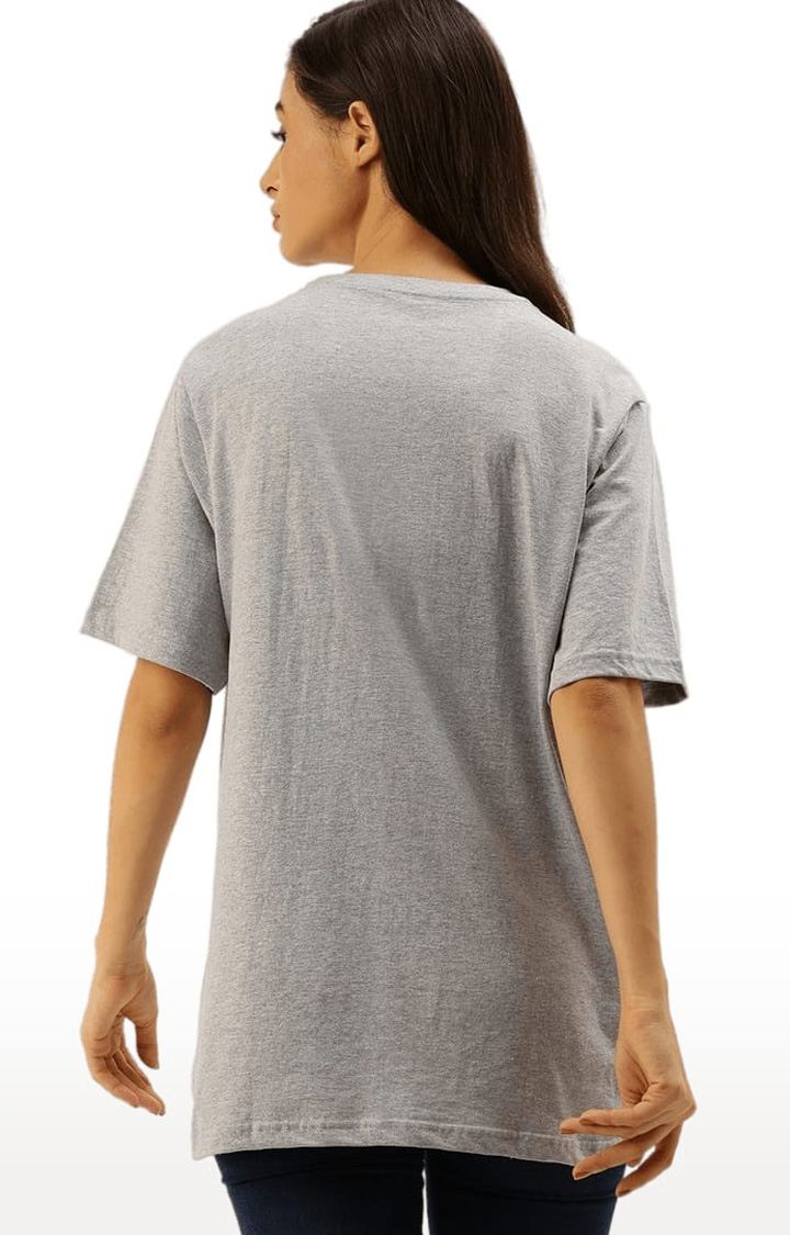 Women's Grey Cotton Typographic Printed Oversized T-Shirt