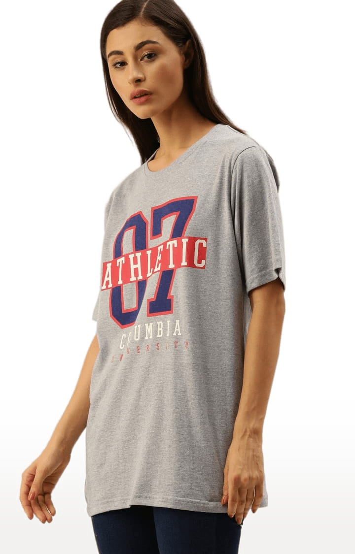 Women's Grey Cotton Typographic Printed Oversized T-Shirt