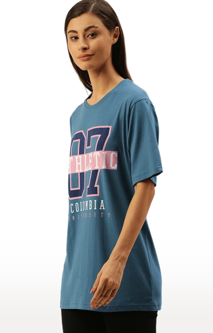 Dillinger | Women's Blue Cotton Typographic Printed Oversized T-Shirt 2