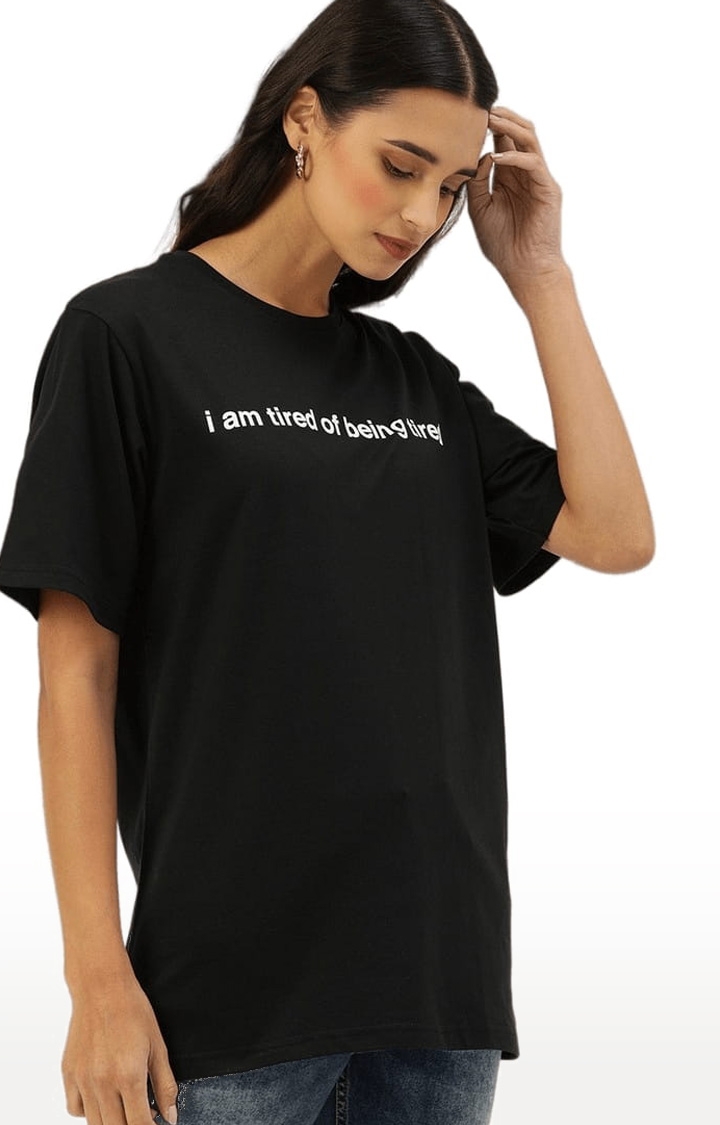 Dillinger | Women's Black Cotton Typographic Printed Oversized T-Shirt 2