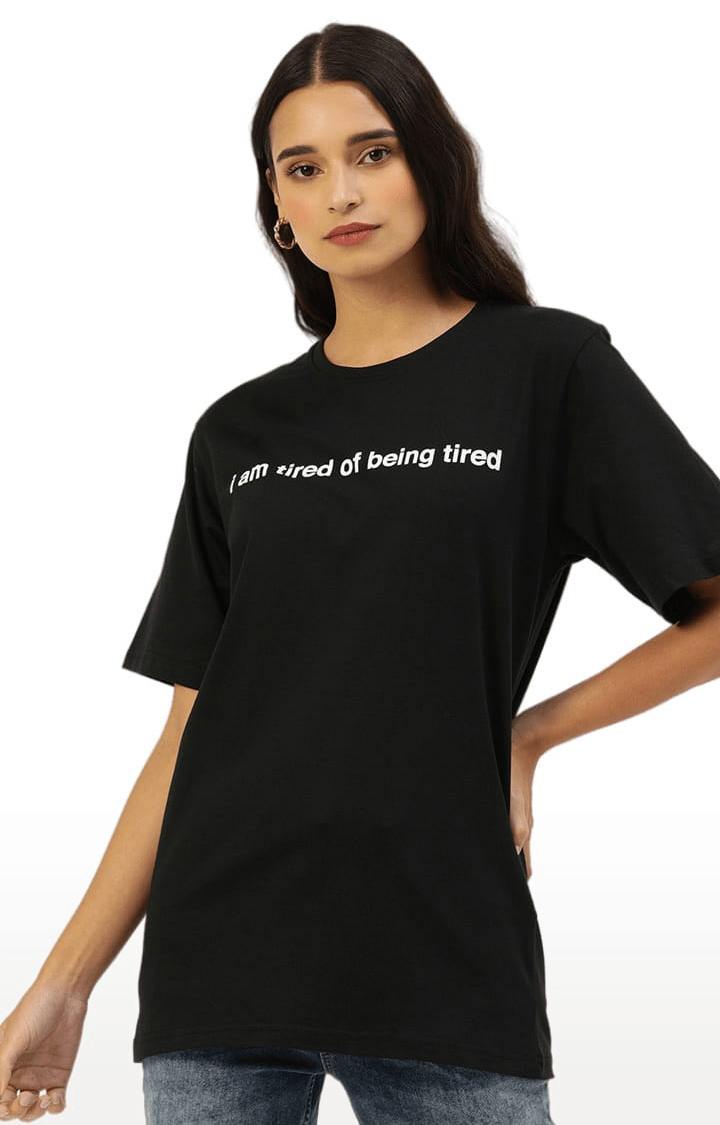 Dillinger | Women's Black Cotton Typographic Printed Oversized T-Shirt 0