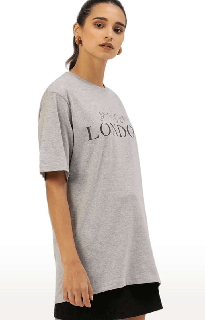 Dillinger | Women's Grey Cotton Typographic Printed Oversized T-Shirt 2