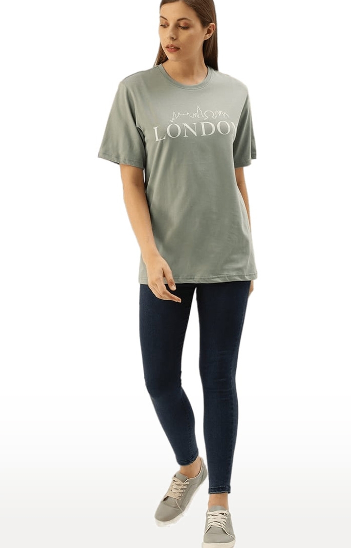 Dillinger | Women's Grey Cotton Typographic Printed Oversized T-Shirt 1