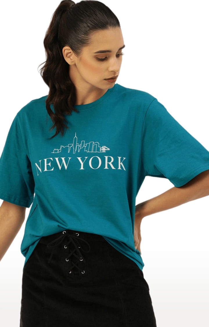 Dillinger | Women's Blue Cotton Typographic Printed Oversized T-Shirt 0