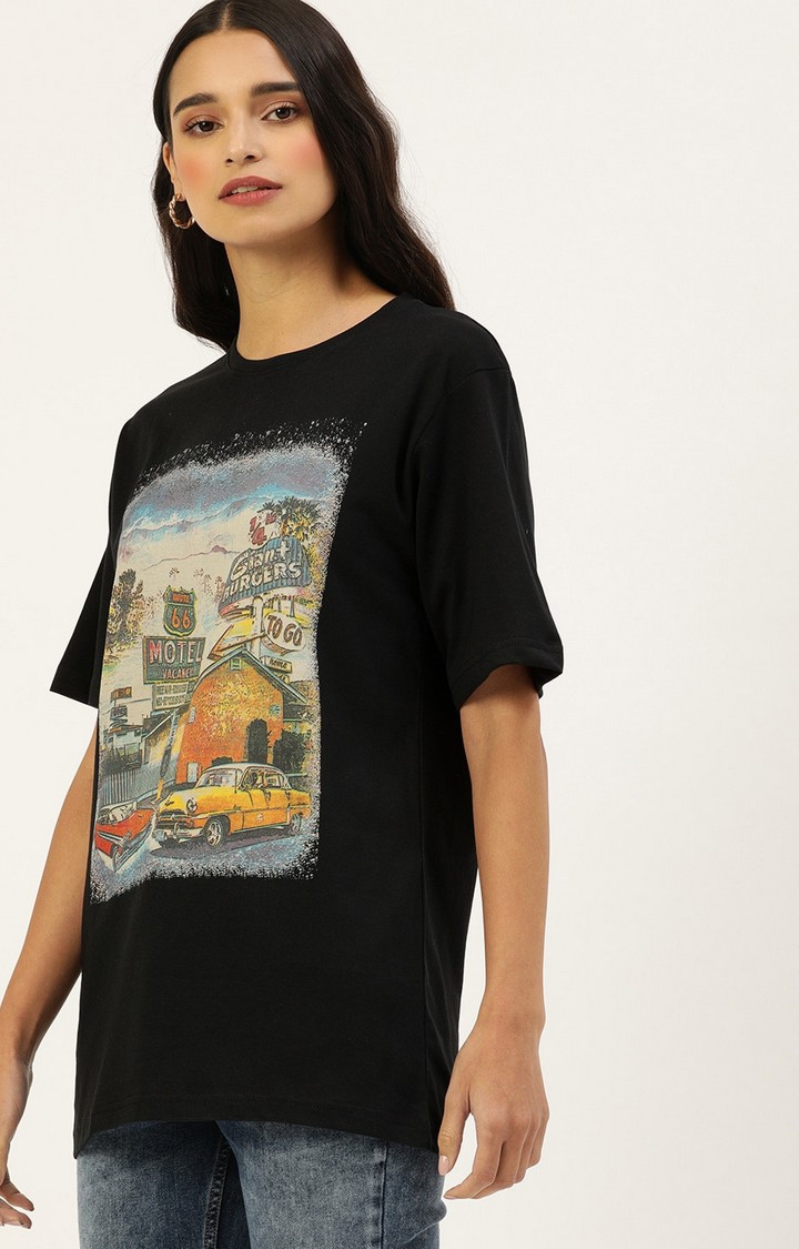 Dillinger | Women's Black Cotton Printed Oversized T-Shirt