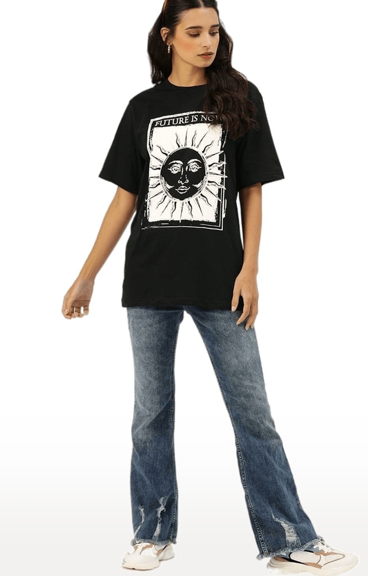Dillinger | Women's Black Cotton Printed Oversized T-Shirt 1