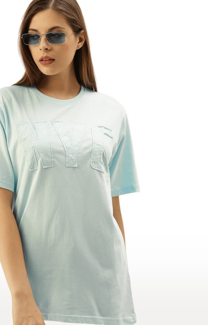 Dillinger | Women's Blue Cotton Typographic Printed Oversized T-Shirt 2