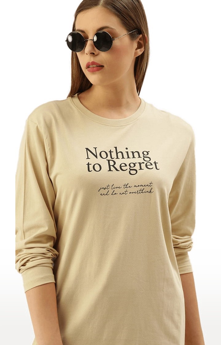 Women's Beige Cotton Typographic Printed Oversized T-Shirt