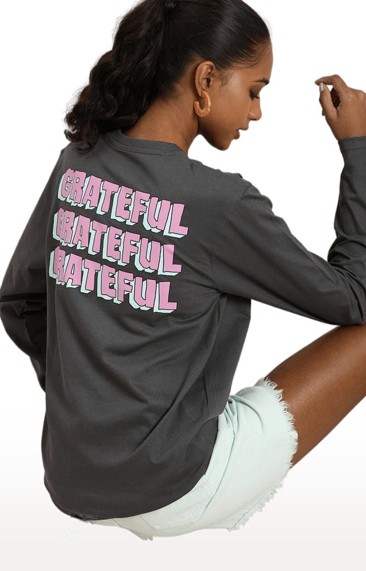 Women's Grey Cotton Solid Oversized T-Shirt