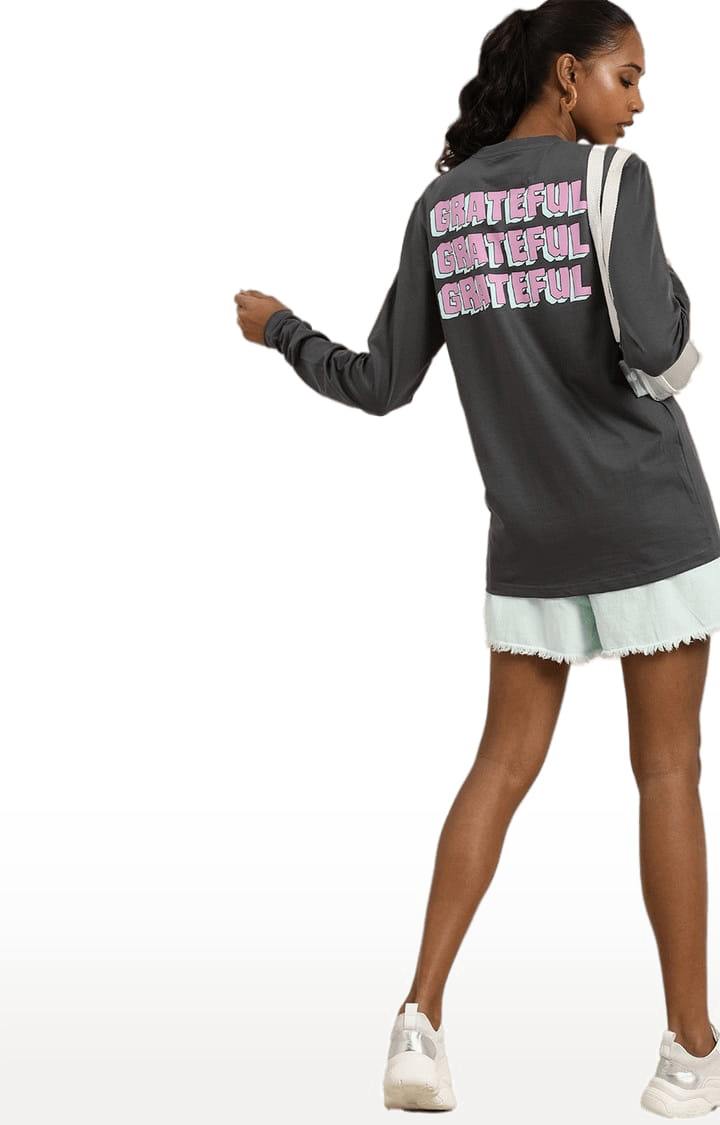 Women's Grey Cotton Solid Oversized T-Shirt