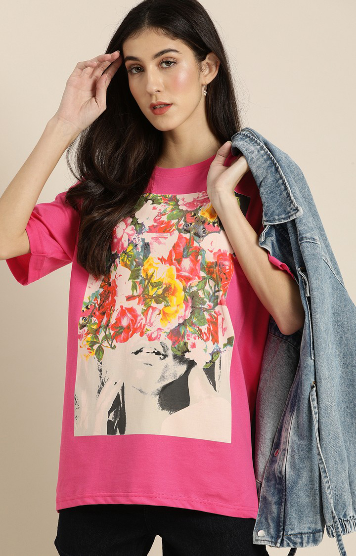 Women's Pink Floral Oversized T-Shirts