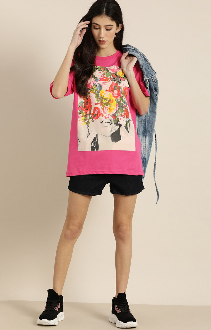 Women's Pink Floral Oversized T-Shirts