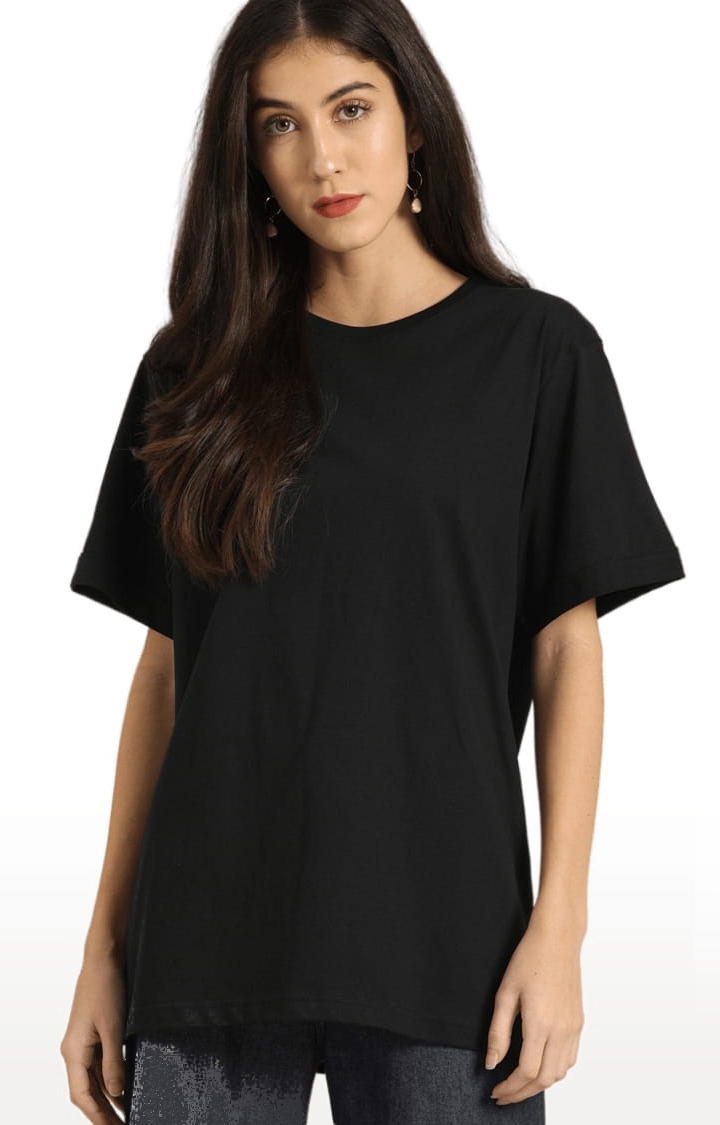 Women's Black Cotton Solid Oversized T-Shirt