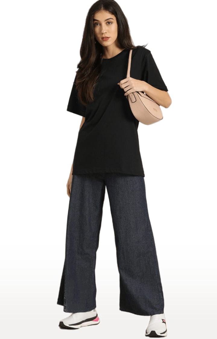 Women's Black Cotton Solid Oversized T-Shirt
