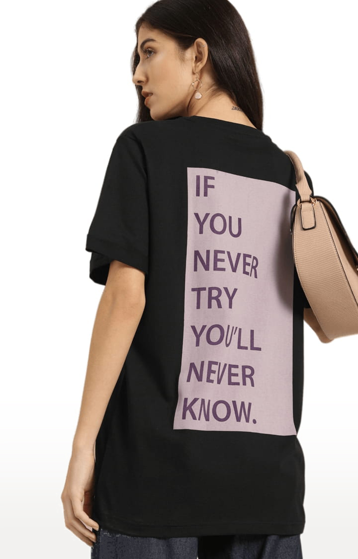 Women's Black Cotton Solid Oversized T-Shirt