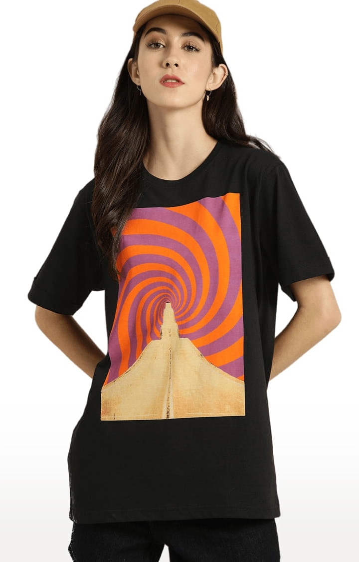 Women's Black Cotton Graphic Printed Oversized T-Shirt
