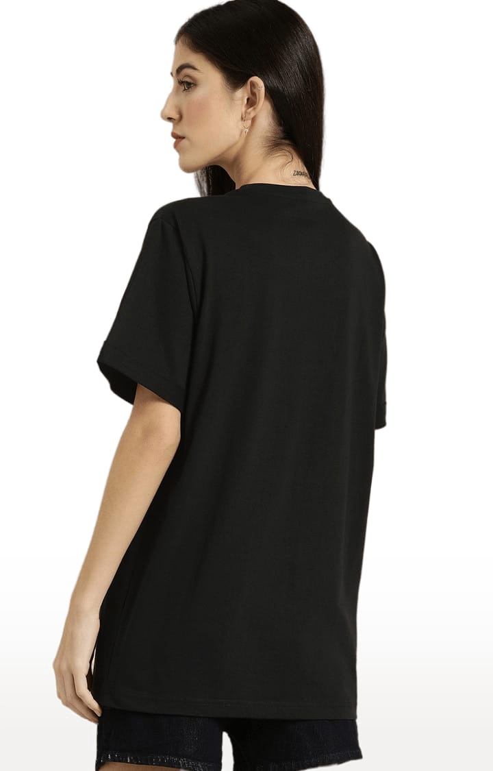 Women's Black Cotton Graphic Printed Oversized T-Shirt