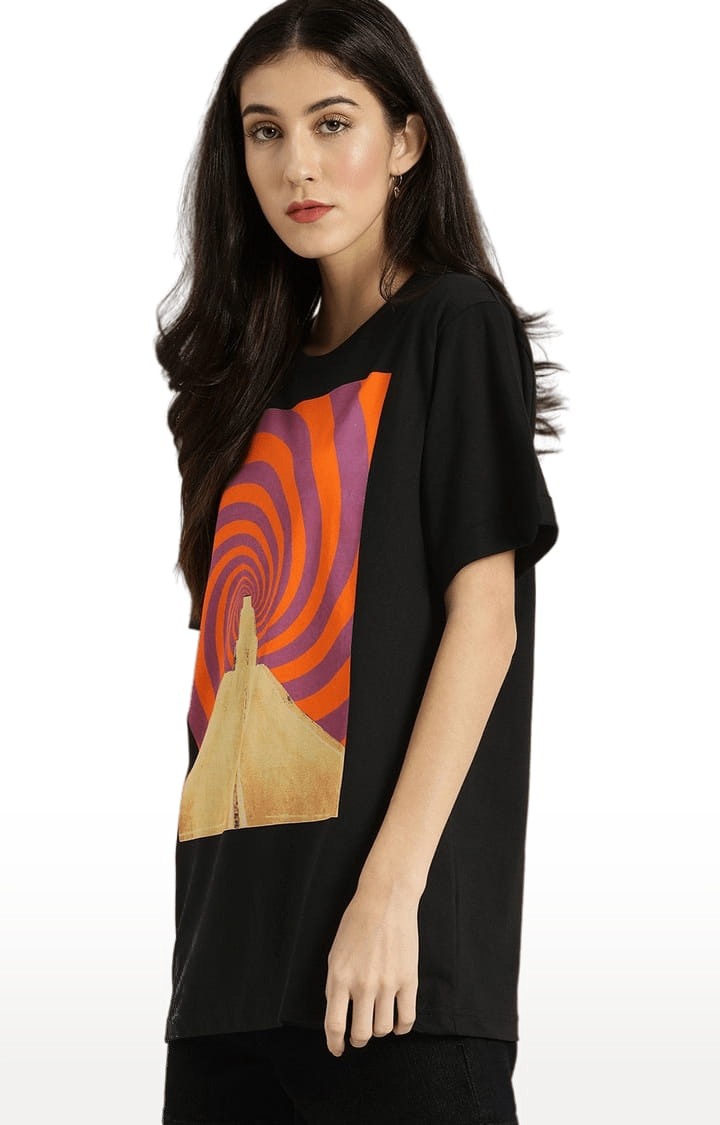 Women's Black Cotton Graphic Printed Oversized T-Shirt