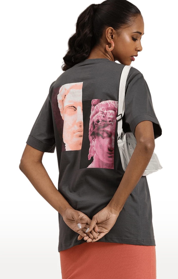Women's Grey Cotton Solid Oversized T-Shirt