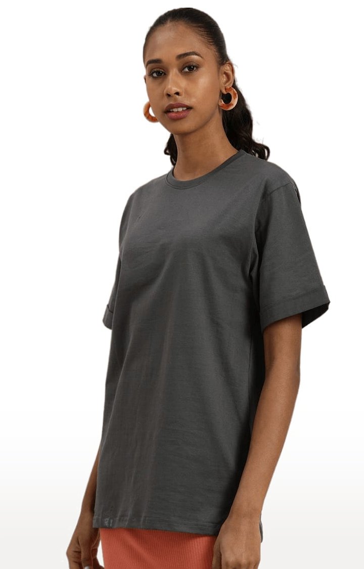 Women's Grey Cotton Solid Oversized T-Shirt