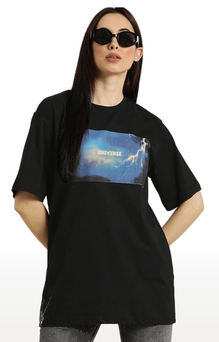 Dillinger | Women's Black Cotton Printed Oversized T-Shirt 0