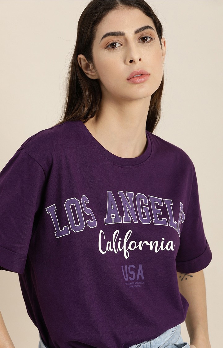 Women's Purple Typographic Oversized T-Shirts