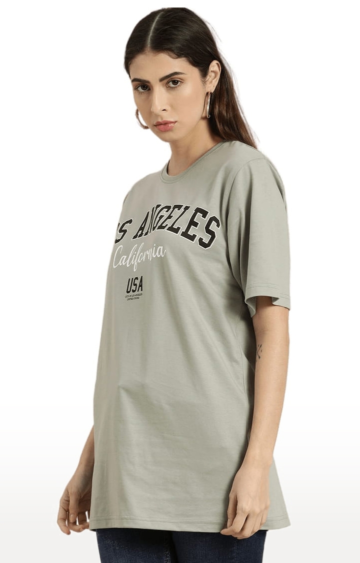 Dillinger | Women's Grey Cotton Typographic Printed Oversized T-Shirt