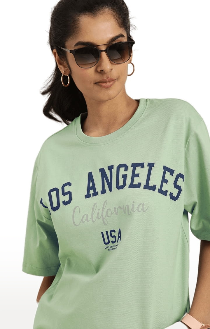 Dillinger | Women's Green Cotton Typographic Printed Oversized T-Shirt 3