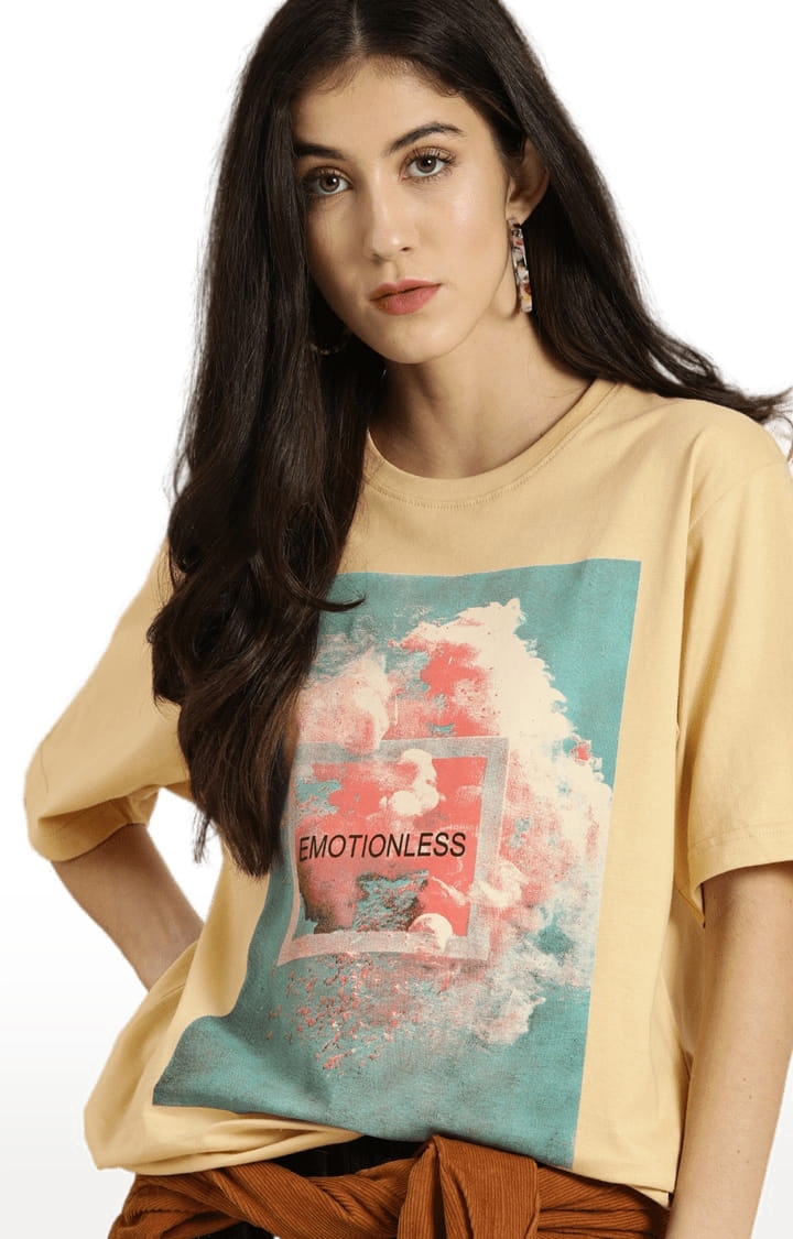 Women's Beige Cotton Printed Oversized T-Shirt