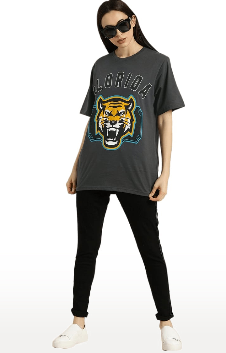 Women's Grey Cotton Printed Oversized T-Shirt