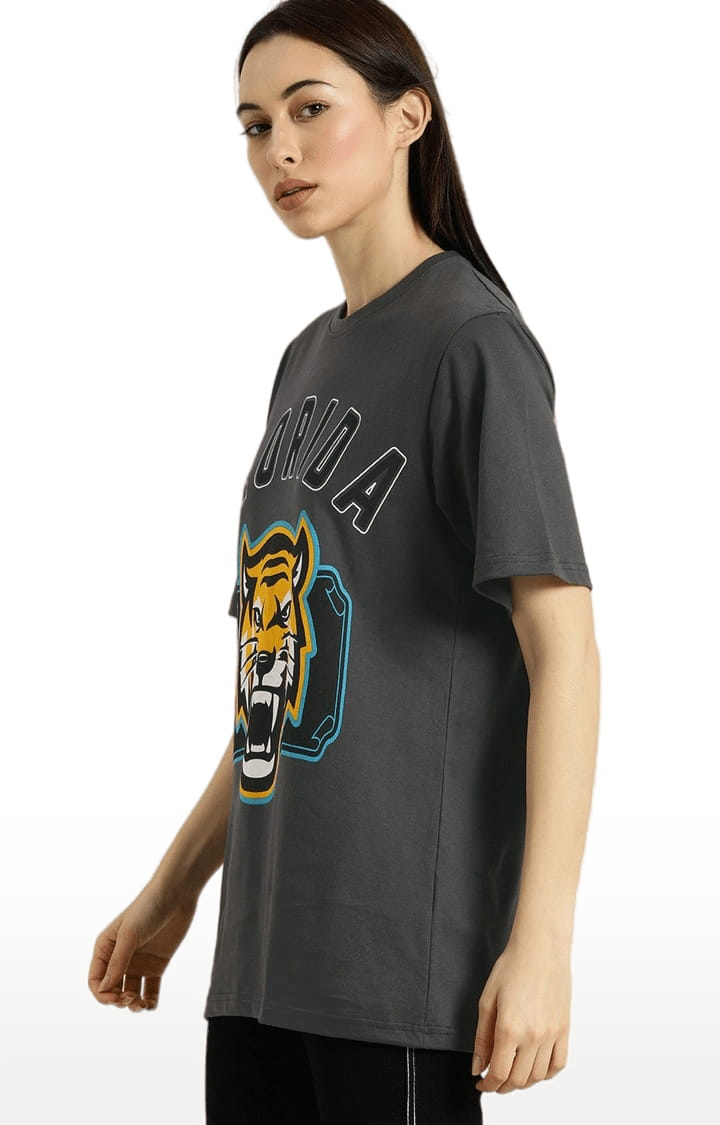 Women's Grey Cotton Printed Oversized T-Shirt