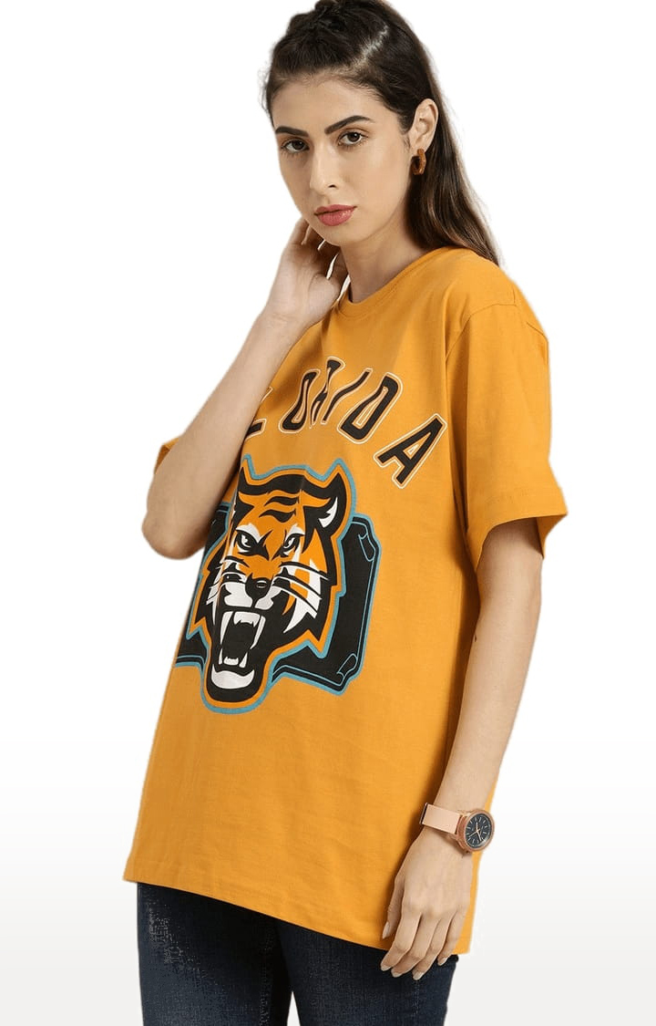 Women's Yellow Printed Oversized T-Shirts