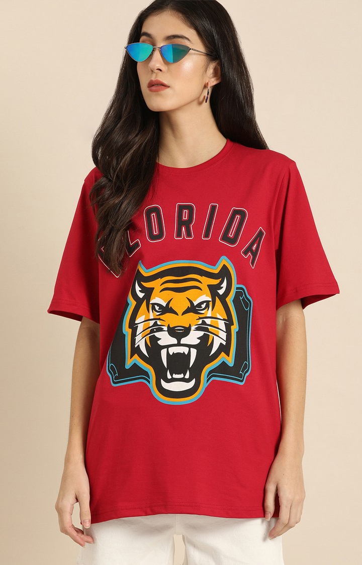 Women's Red Graphics Oversized T-Shirts