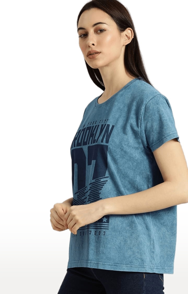 Dillinger | Women's Blue Cotton Typographic Printed Boxy T-Shirt 2