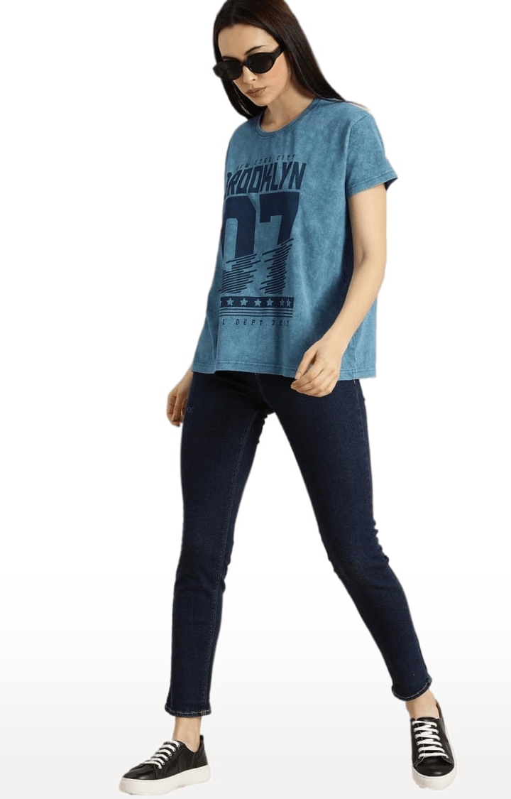 Dillinger | Women's Blue Cotton Typographic Printed Boxy T-Shirt 1
