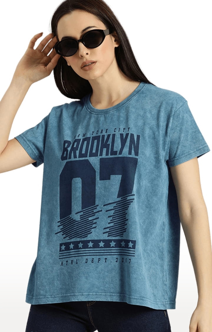 Dillinger | Women's Blue Cotton Typographic Printed Boxy T-Shirt 0