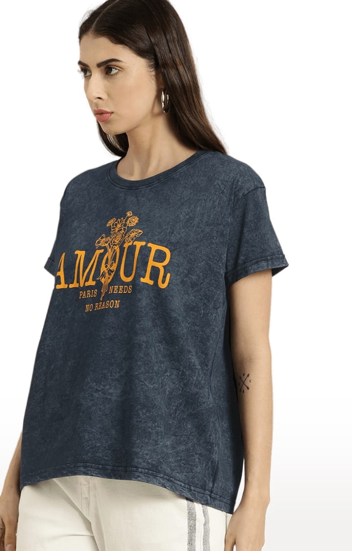 Dillinger | Women's Navy Blue Cotton Typographic Printed Boxy T-Shirt 0