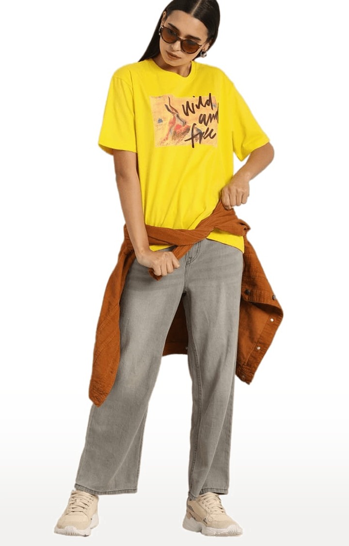 Women's Yellow Printed Oversized T-Shirts
