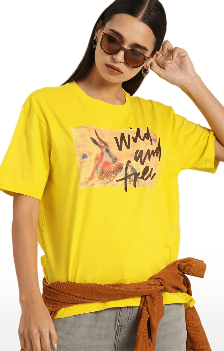 Women's Yellow Printed Oversized T-Shirts