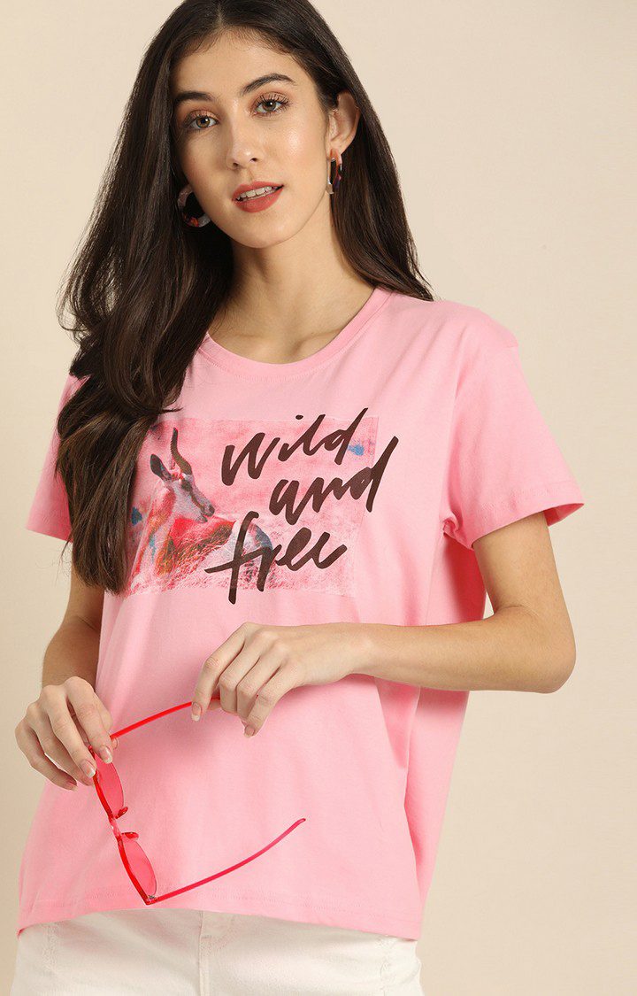 Women's Pink Typographic Oversized T-Shirts