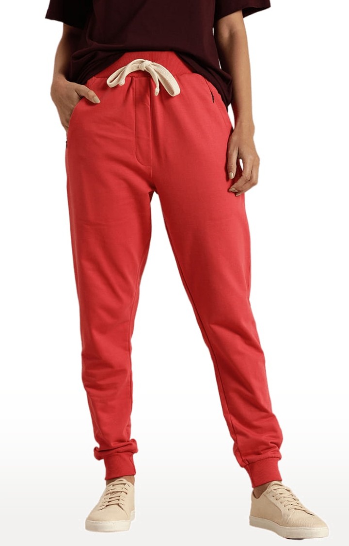 Women's Red Cotton Solid Casual Jogger