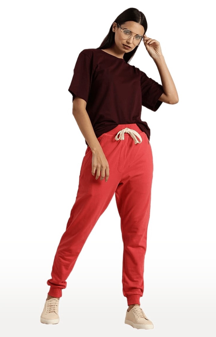 Women's Red Cotton Solid Casual Jogger