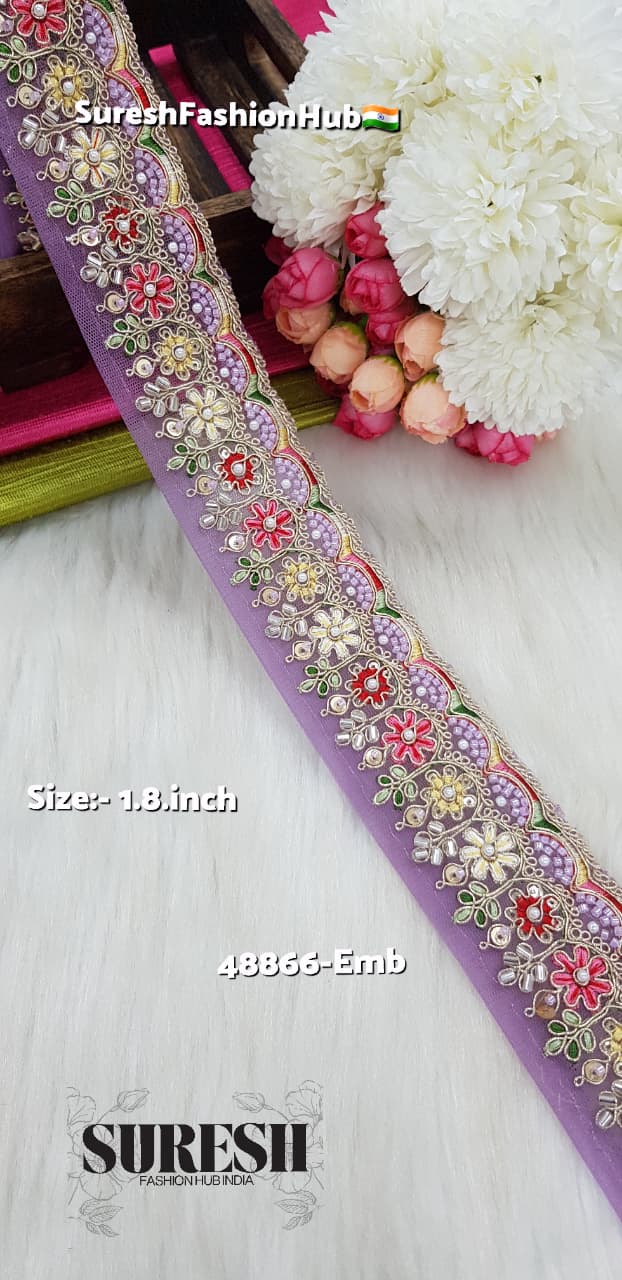 Lilac Floral Beads & Thread Embroidery Lace – 48866-EMB