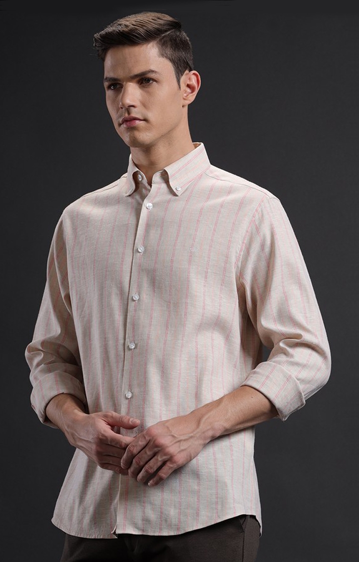 Men's Beige Linen Blend Striped Casual Shirt