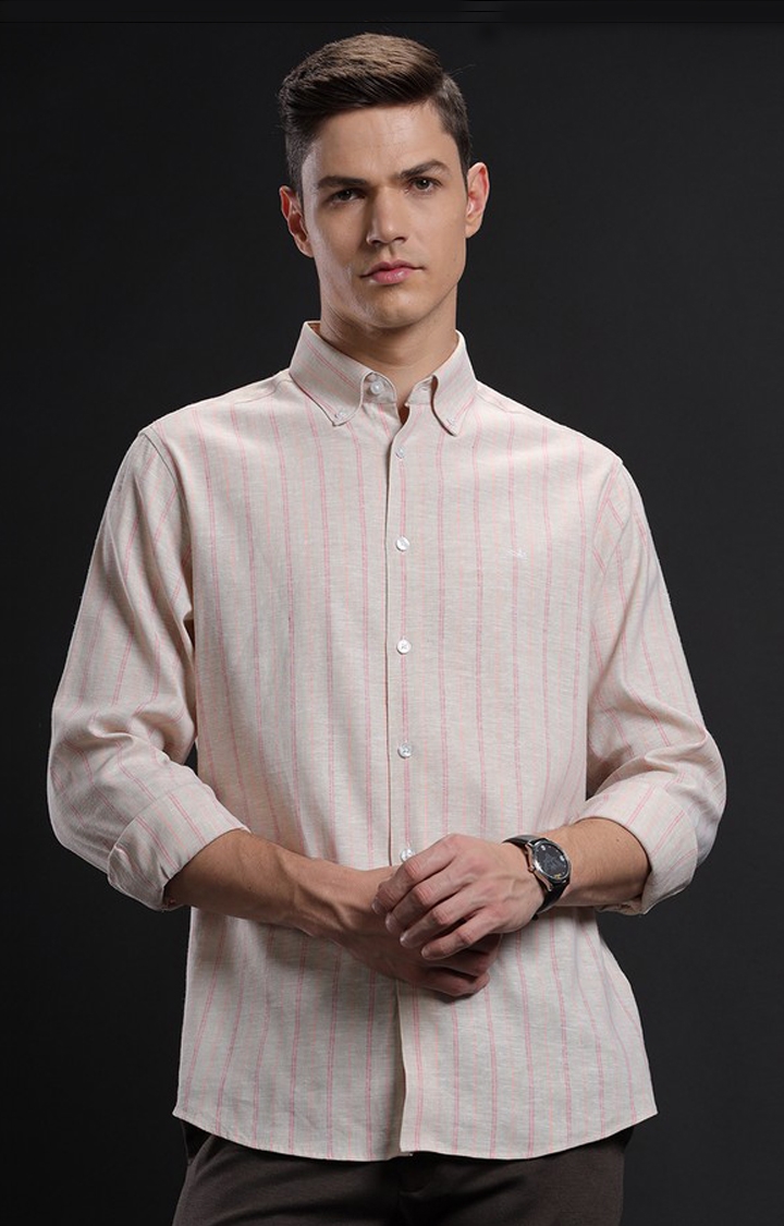 Men's Beige Linen Blend Striped Casual Shirt