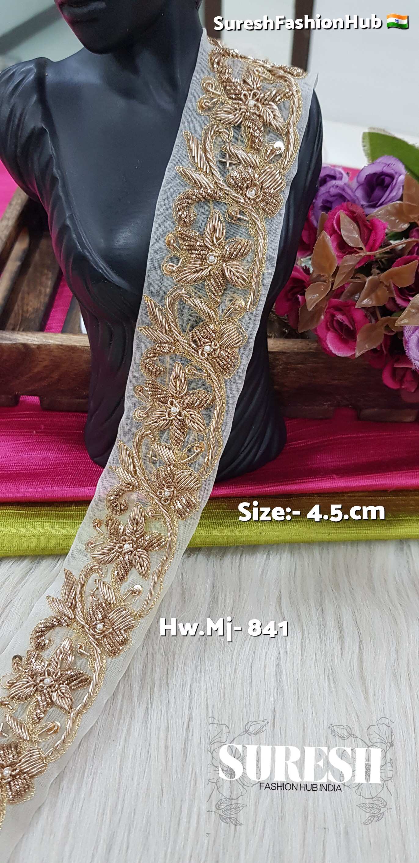 Zardosi Floral Handmade Organza Border – Mj-841