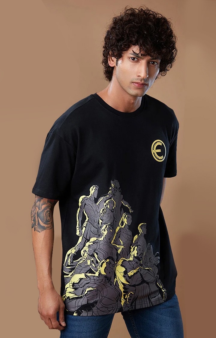 Men's Eternals: The Team Black Printed Oversized T-Shirt