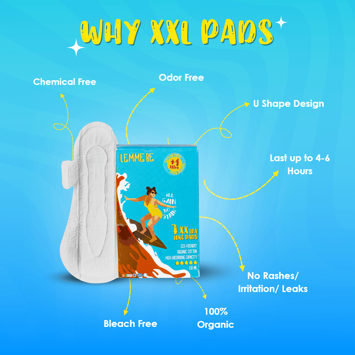 Lemme Be | Lemme Be XXL Sanitary Pads Rash Free Xxtra long Sanitary Pads 100% Organic Biodegradable Pads For Women - 8 XXL Pads With Wings For Heavy Flow 7