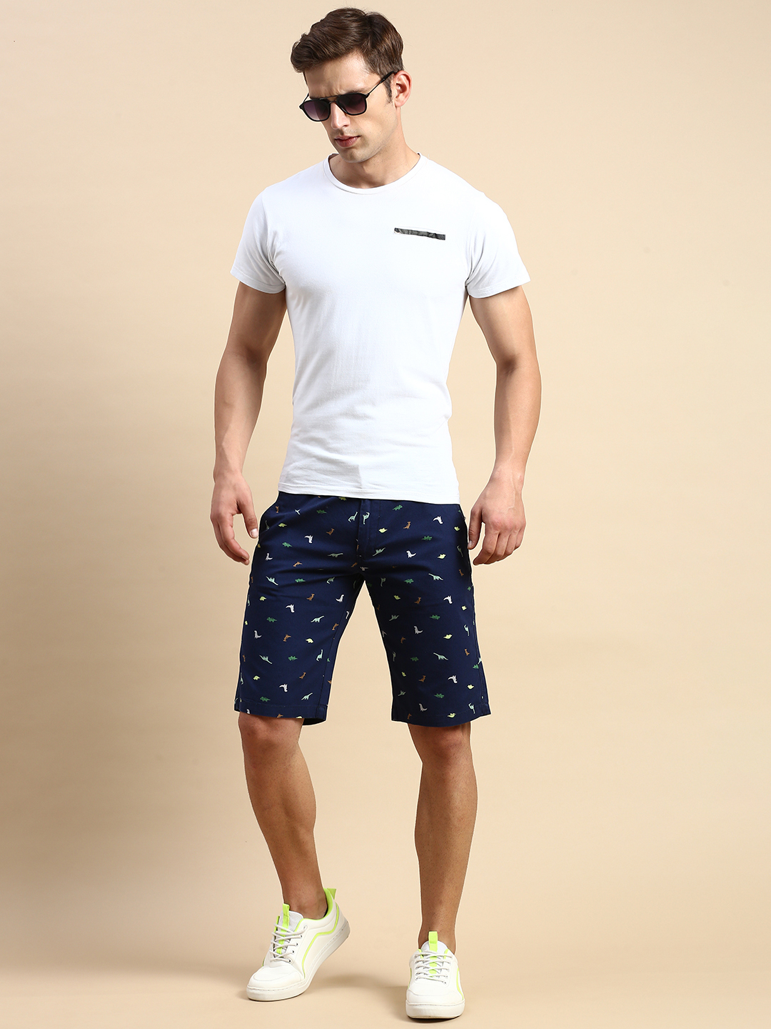 SHOWOFF Men's Knee Length Printed Navy Blue Mid-Rise Regular Shorts