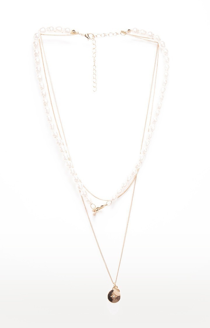 Lilly & sparkle | Lilly & Sparkle Alloy Gold Toned Pearl Beaded 3 Layered Necklace with Diamond Studded Pendant for Women 1